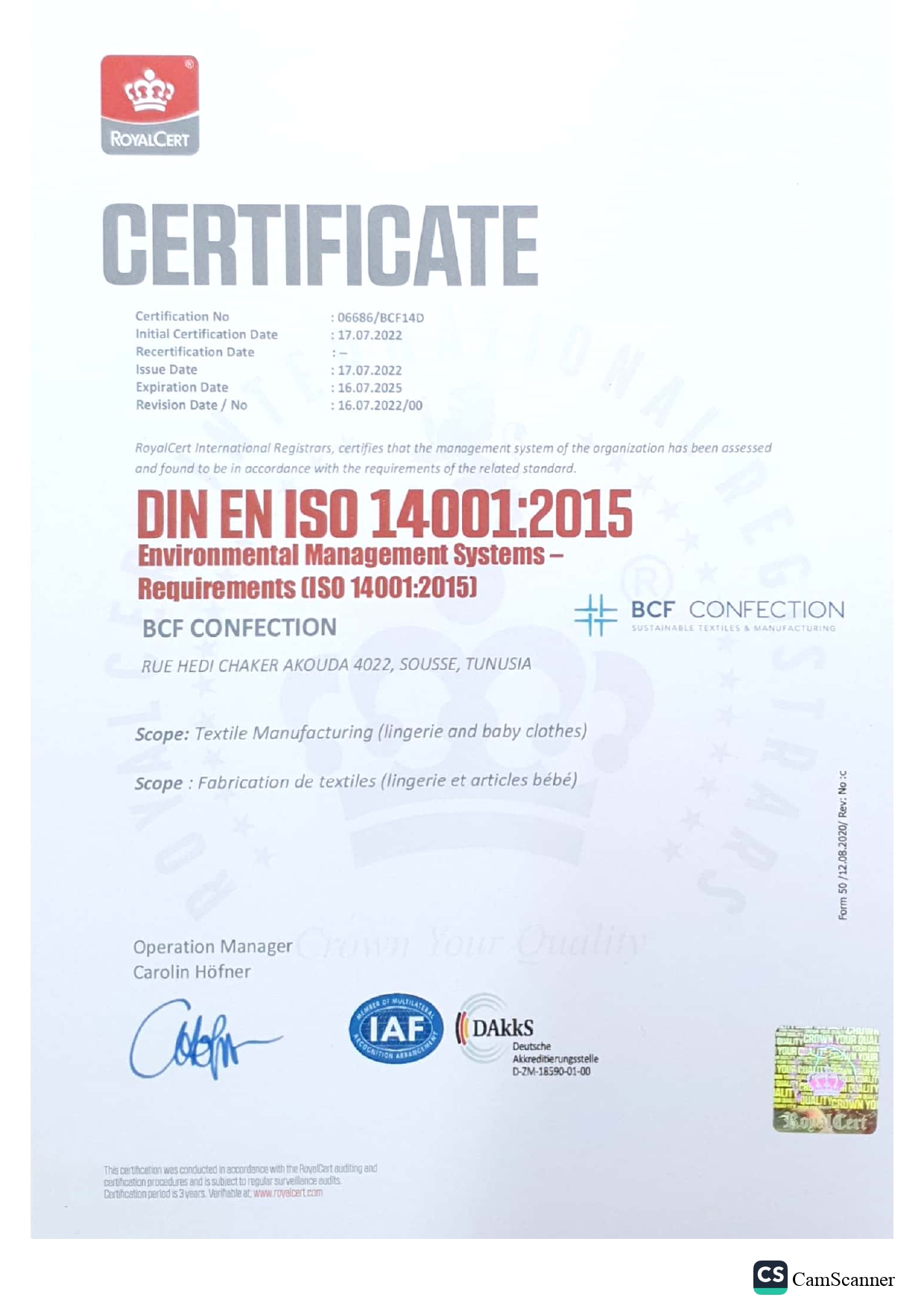 ISO 14001 certificate