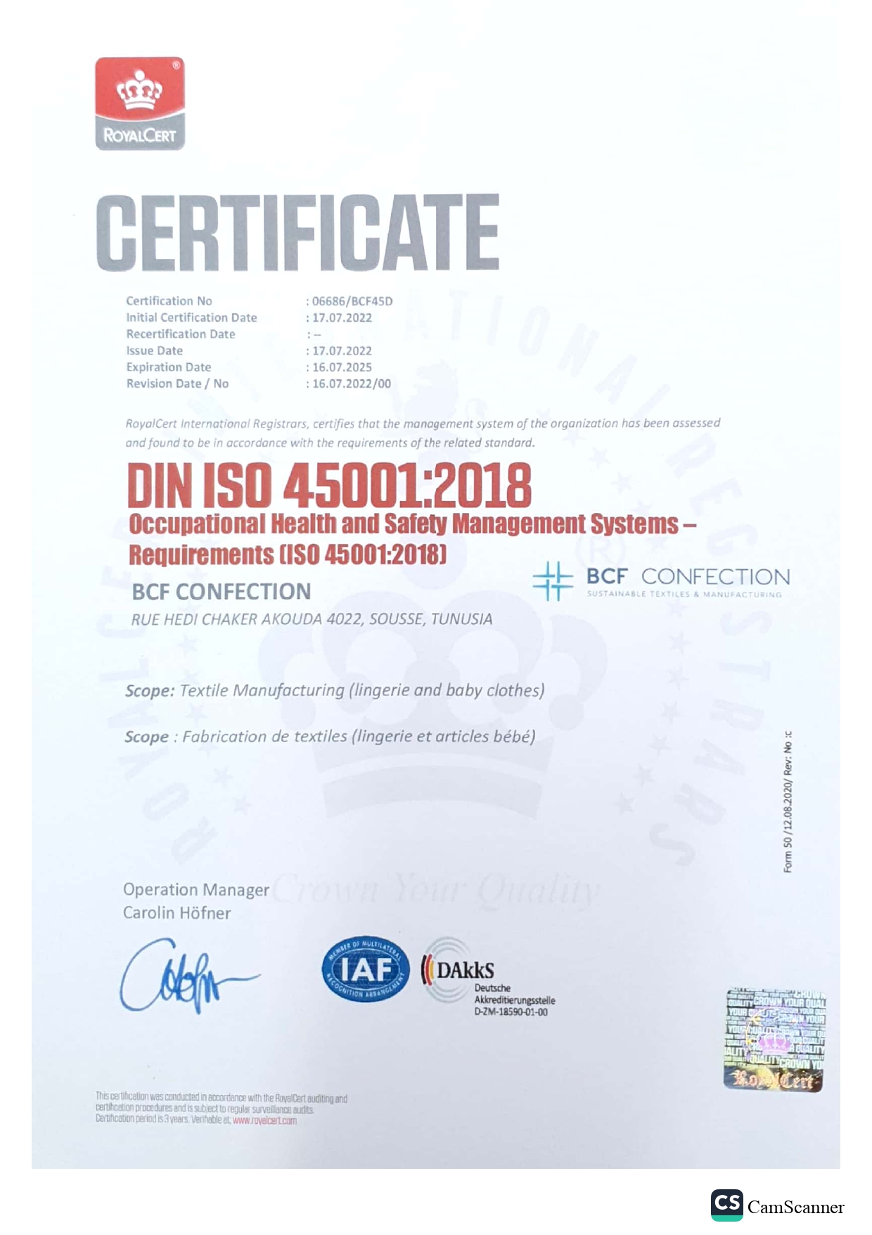 ISO 45001 certificate