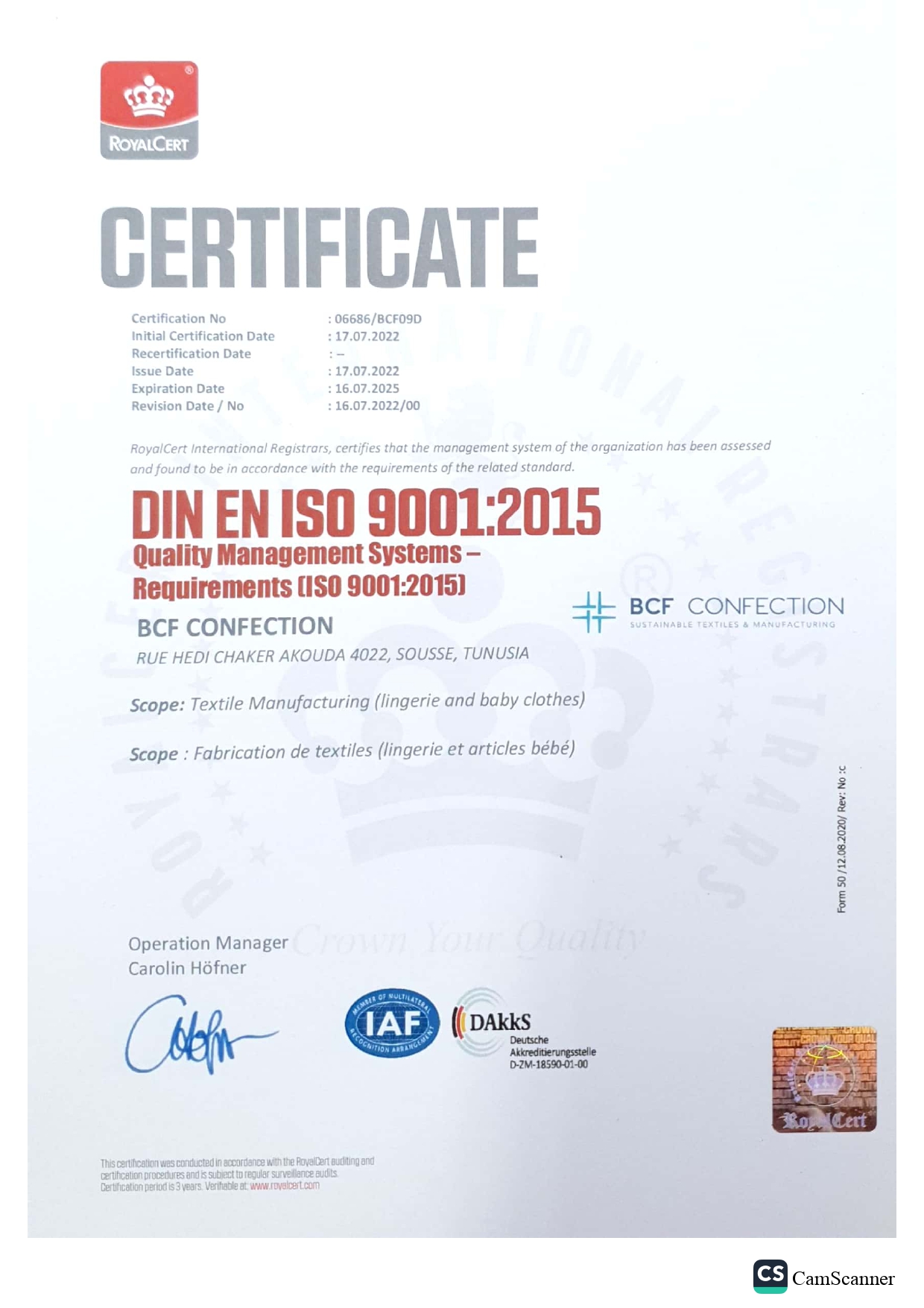 ISO 9001 certificate